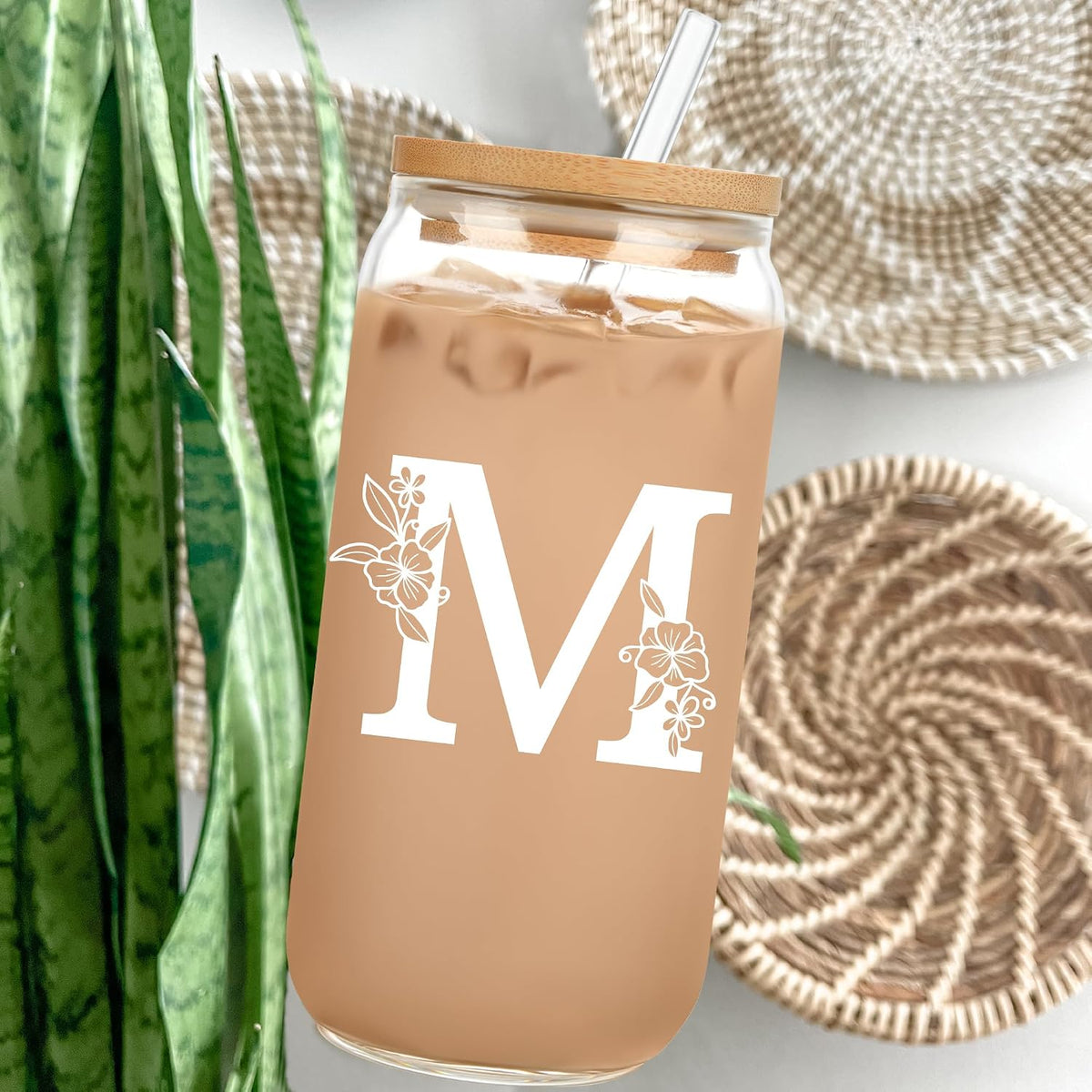 Personalized Tumbler, Monogrammed Can Glass Cups with Bamboo Lids and Straws, Customized Gifts for Women, Cute Design Initial Iced Coffee glasses, Custom Letter Mug, Birthday Bridesmaid, L