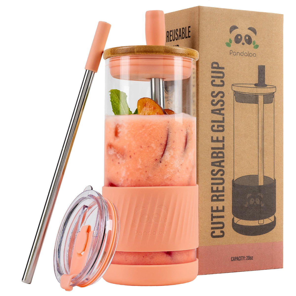 Pandaloo® Glass Cups With Lids and Straws -20 Fl Oz- Perfect Size Iced Coffee Cup - Smoothie Cup With Bamboo Lid and On the go Lid - Glass Tumbler With Straw (1 Count (Pack of 1), Tender Pink)