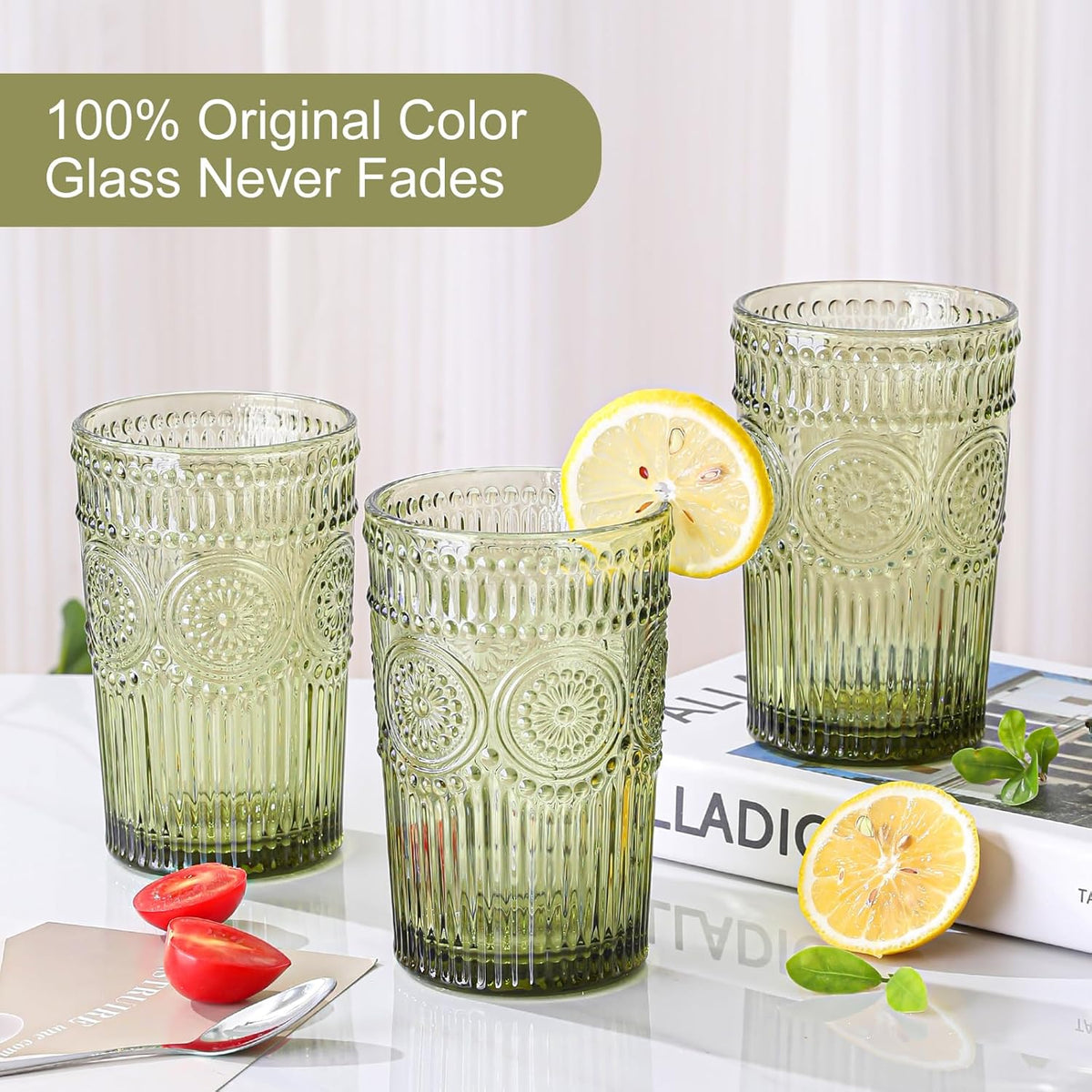ZMOWIPDL Drinking Glasses Set of 6,13oz Flower Design Green Glass Cups