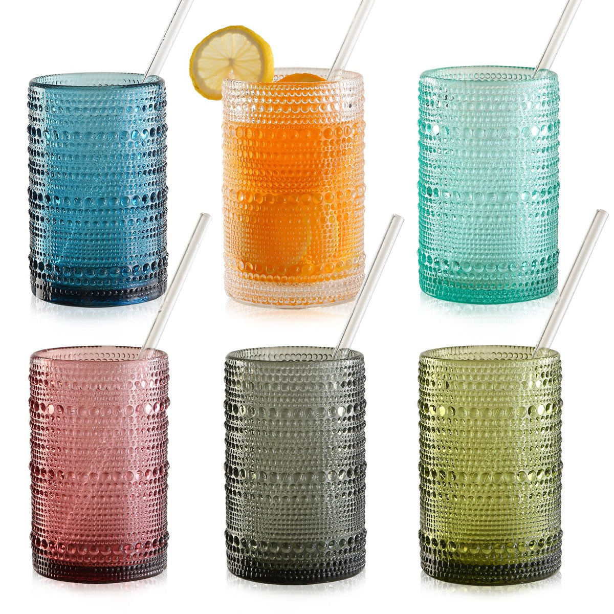 KMIGRUAN Hobnail Drinking Glasses with Straws 15oz Vintage Glassware Set of 6 Embossed Vintage Water Cups, Highball Glasses for Cocktail,Whiskey,Beer and Juic