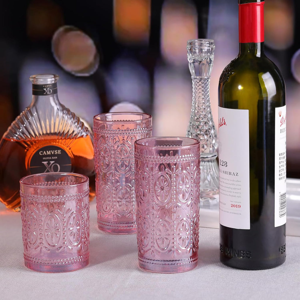 abrwyy Pink Drinking Glasses, 12oz Pink Glassware, Vintage Glassware