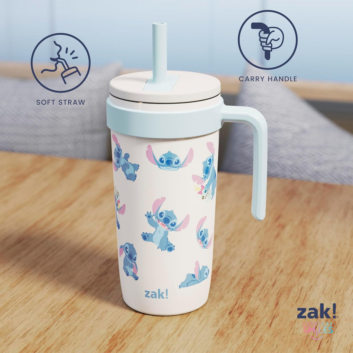 Zak Designs Disney Lilo & Stitch Fairway Travel Tumbler for On the Go or At Home, 18oz Stainless Steel with Vacuum Insulation, Spillproof Silicone Straw, and Carry Handle for Cold Drinks (Stitch)