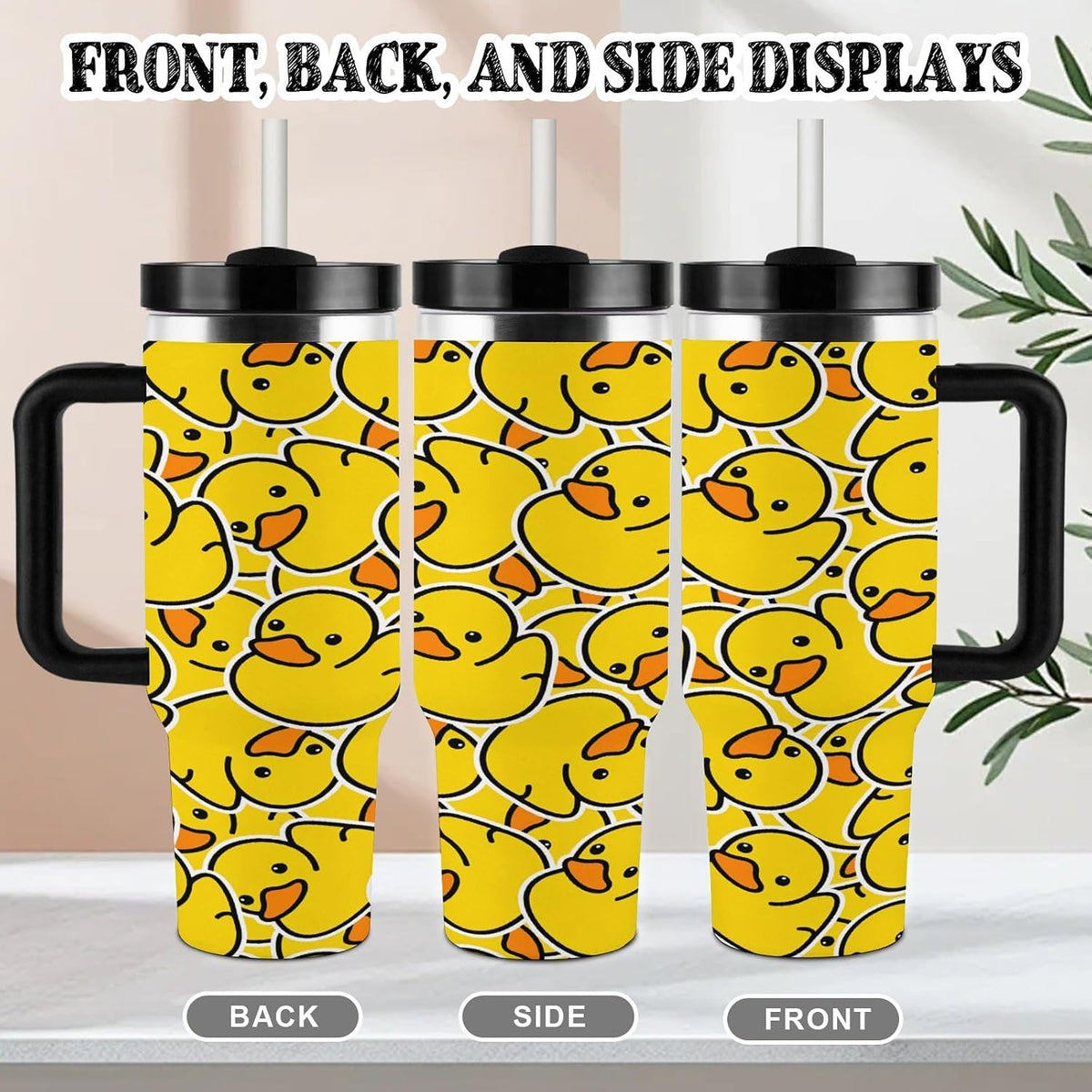 Stainless Steel Insulated Tumbler 40 OZ (1200 ML), Cartoon Yellow Duck Coffee Mug Cup with Splash-Proof Lid And Straw for Car Home Office Outdoor Travel