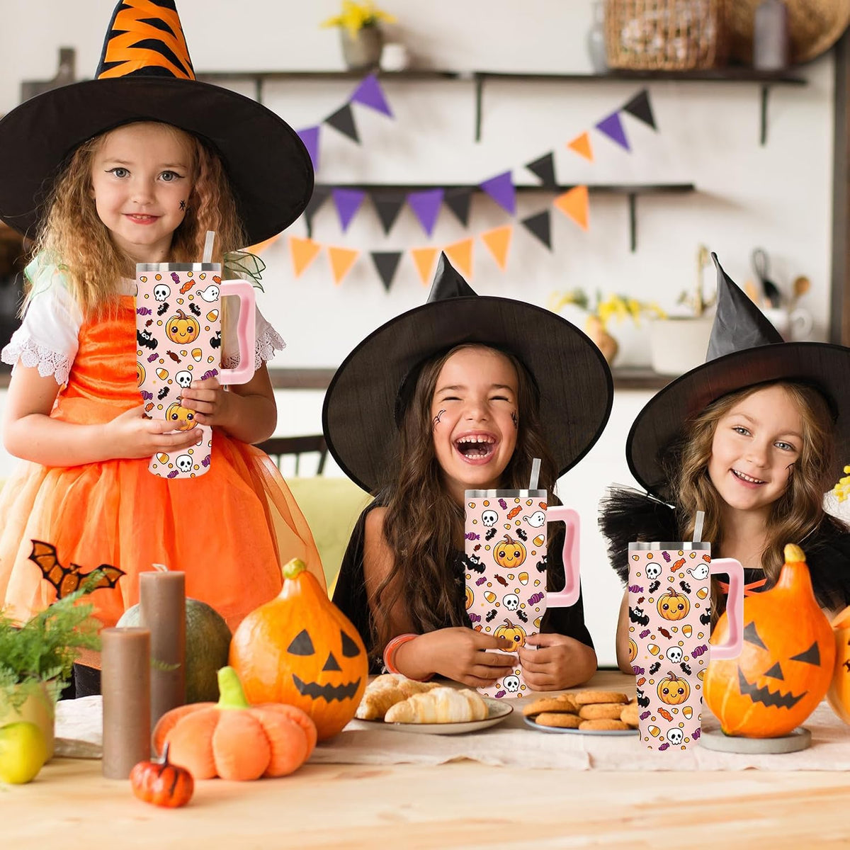 Whaline Halloween Tumbler 40oz Cute Pumpkin Skull Candy Corn Bat Tumbler with Lid Straw Pink Cartoon Stainless Steel Cup with Handle for Home Office Travel