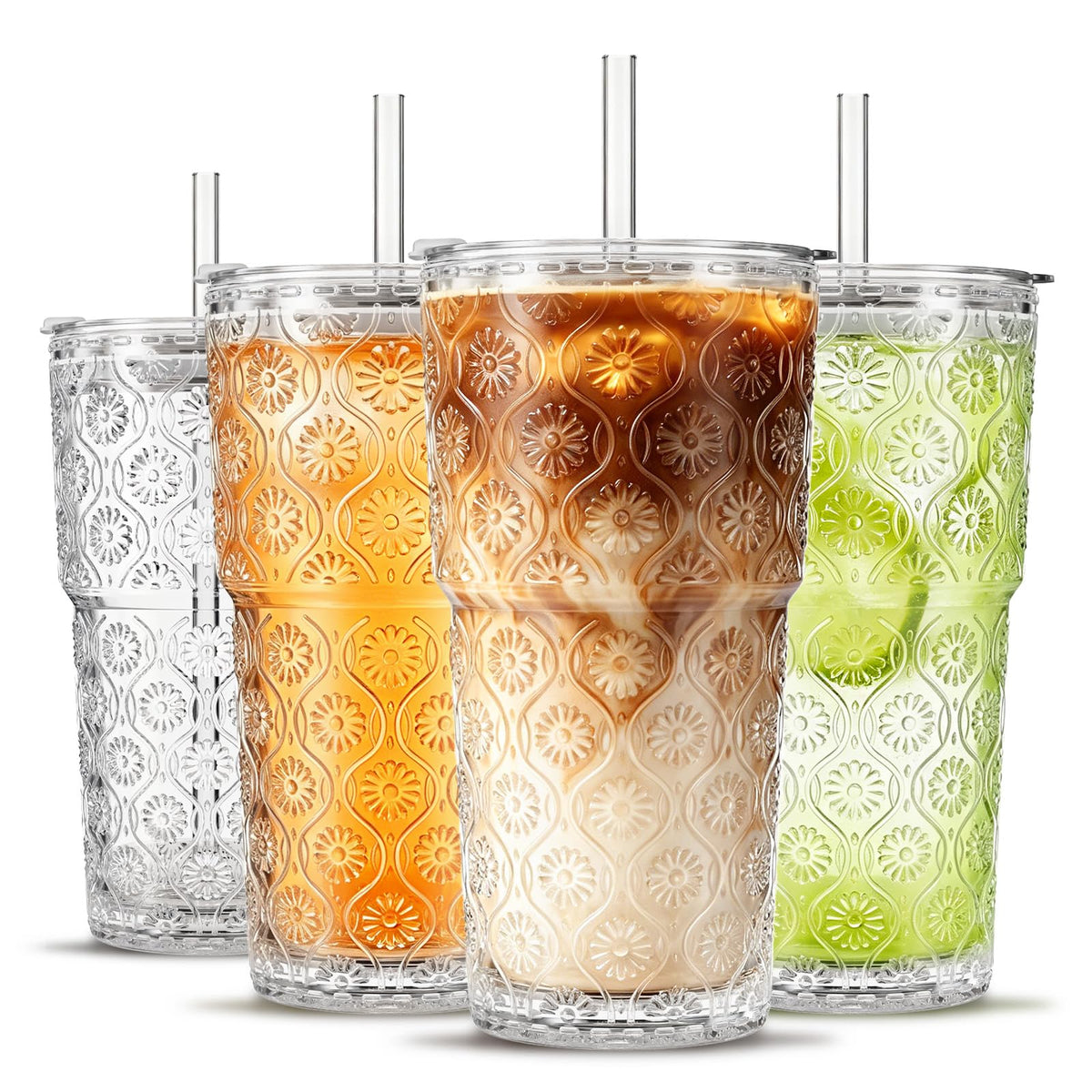 SoulTimes 20oz Ribbed & Floral Glass Tumbler with Lid and Straw – Iced Coffee Glasses Cups for Smoothie, Matcha, Juice, Water etc. Leakproof and Reusable Glassware Drinking for Travel To Go [2Pcs]