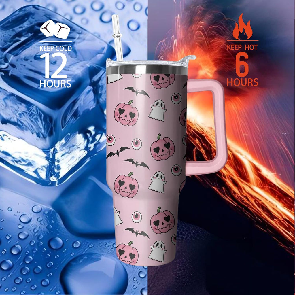 40oz Cute Pumpkin Ghost Halloween Tumbler with Handle and straw, Stainless Steel Insulated Cup, Spooky Pink Coffee Mug Water Bottle Gift