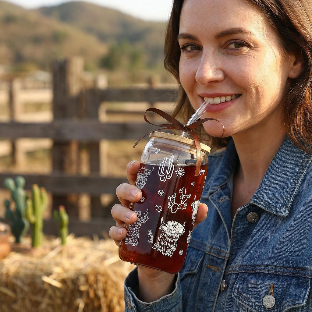 Highland Cow Gifts for Women, Glass Cups with Lid and Straw