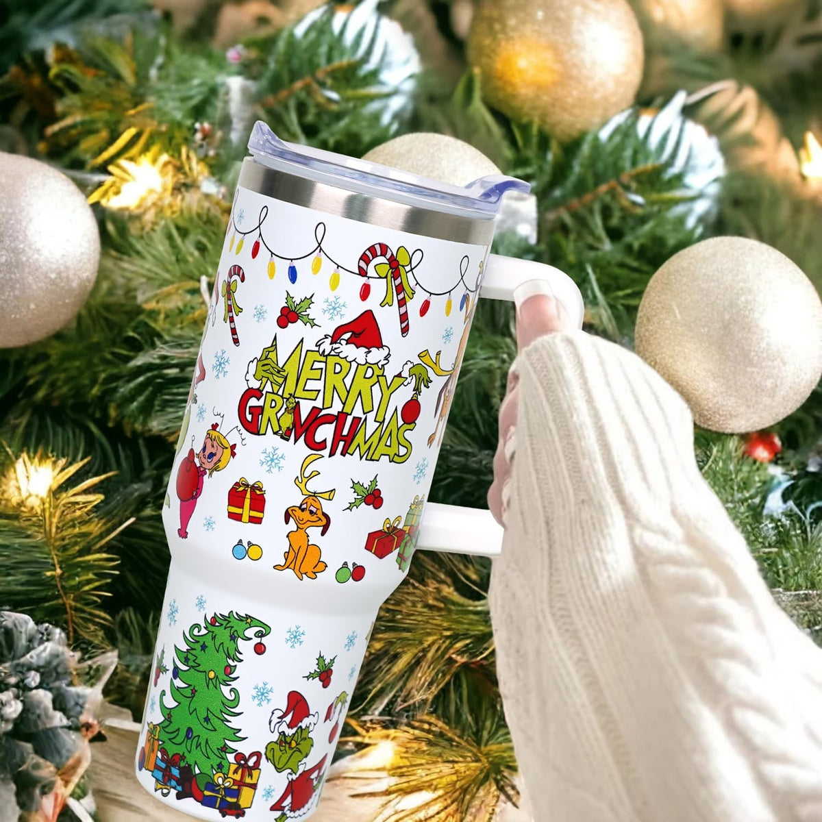 40 oz Christmas Tumbler with Handle Gifts for Girls Daughter Women, Christmas Stainless Steel Insulated Coffee Cups Tumblers with Lids and Straws, White