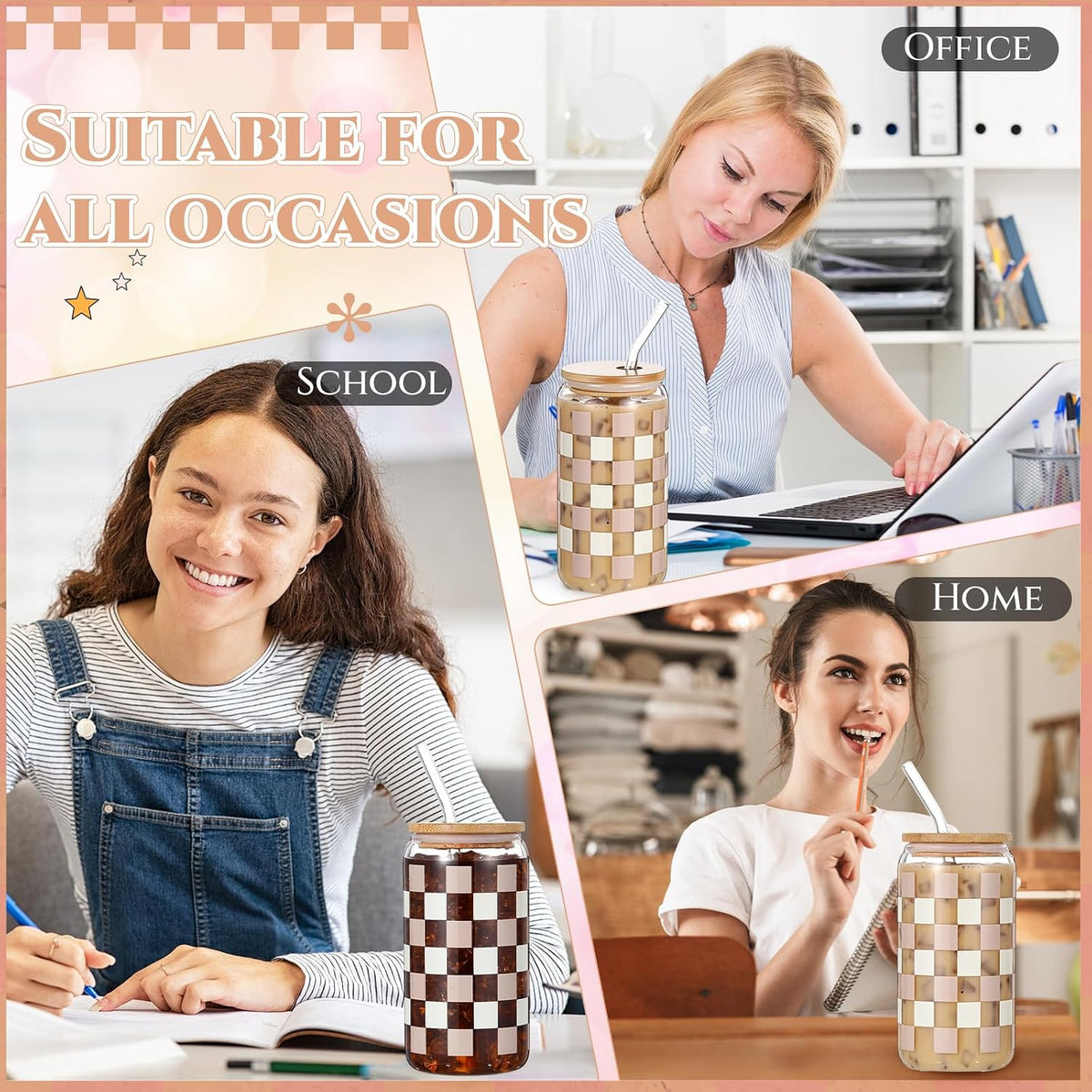 Hushee Checkered Tumbler 16 oz Checkerboard Glass Water Bottle Ice Coffee Cup with Lids and Straw Cleaning Brush for Birthday Race Car for Women Man Party Drink Decoration (Khaki)