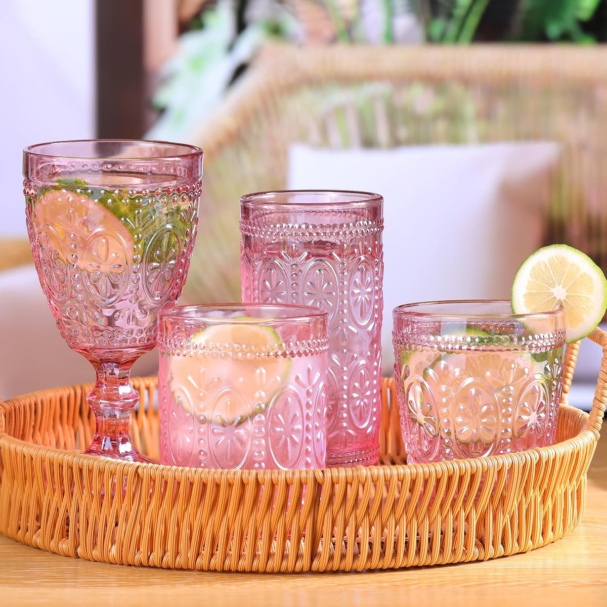 abrwyy Pink Drinking Glasses, 12oz Pink Glassware, Vintage Glassware