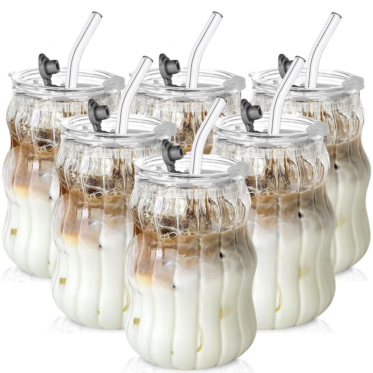 KEMORELA Ribbed Glass Cups with Lids and Straws，18oz Cute Iced Coffee Cups