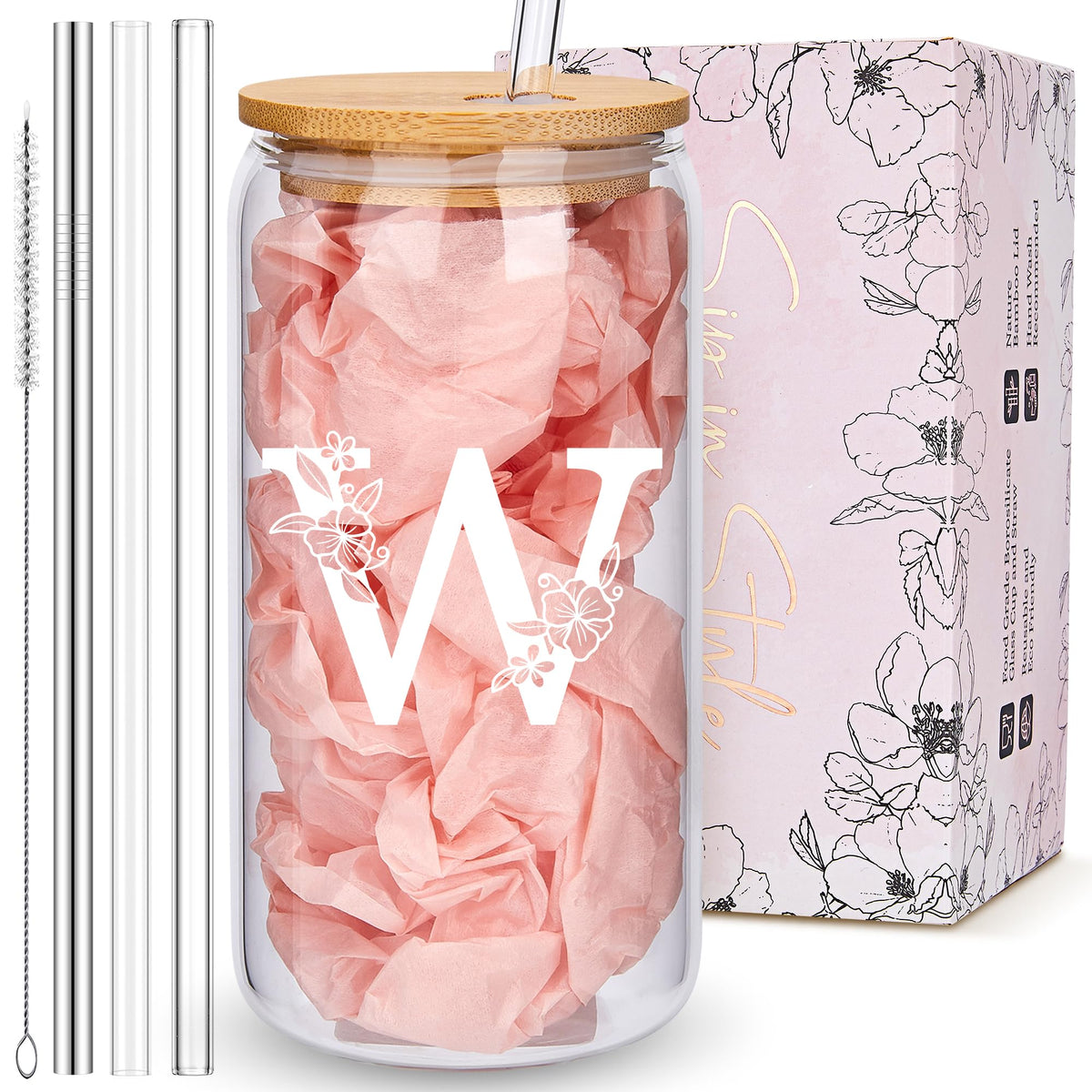 Personalized Tumbler, Monogrammed Can Glass Cups with Bamboo Lids and Straws, Customized Gifts for Women, Cute Design Initial Iced Coffee glasses, Custom Letter Mug, Birthday Bridesmaid, L