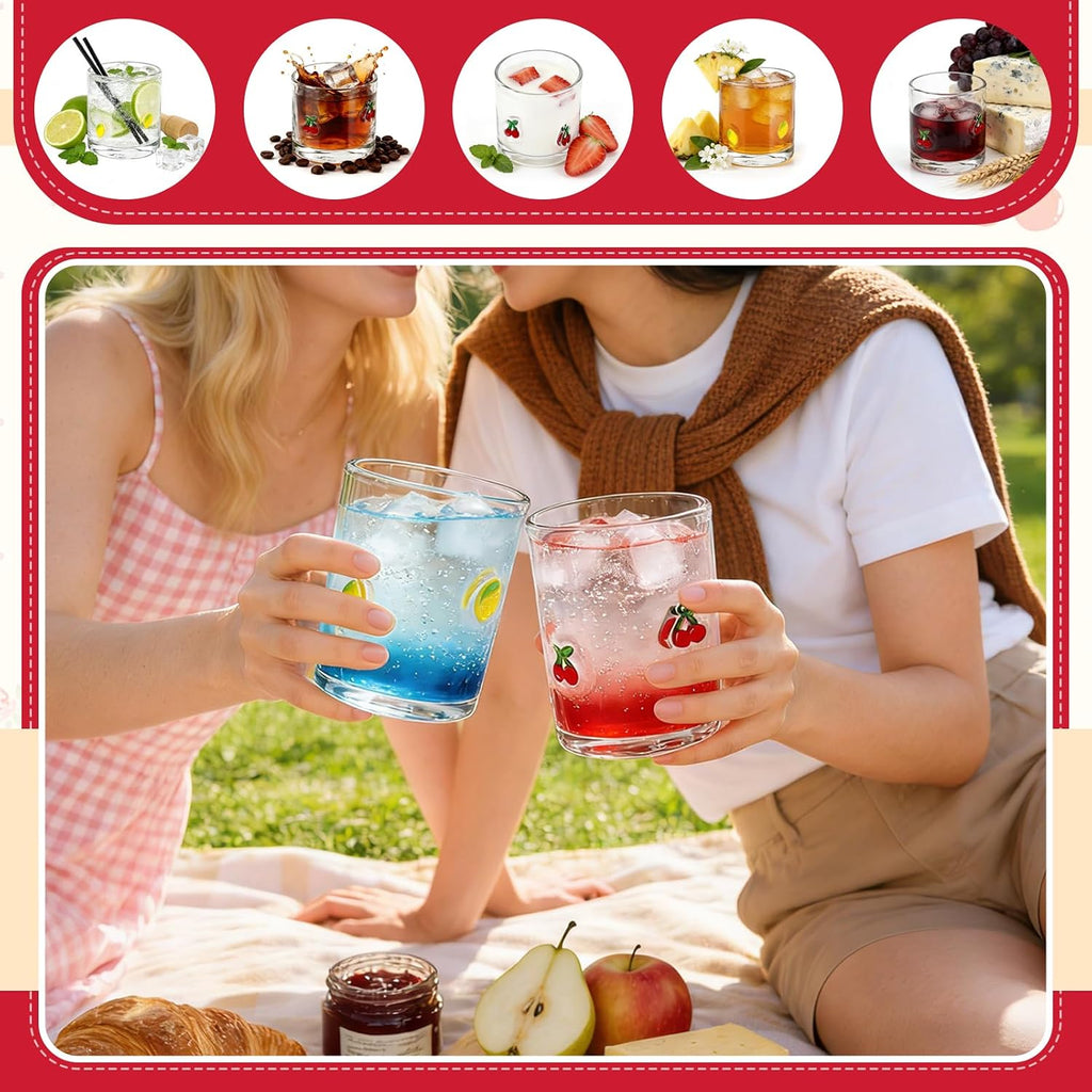 2 Pcs Cherry & Lemons Icon Juice Glass, 14oz Reusable Stemless Wine Cups