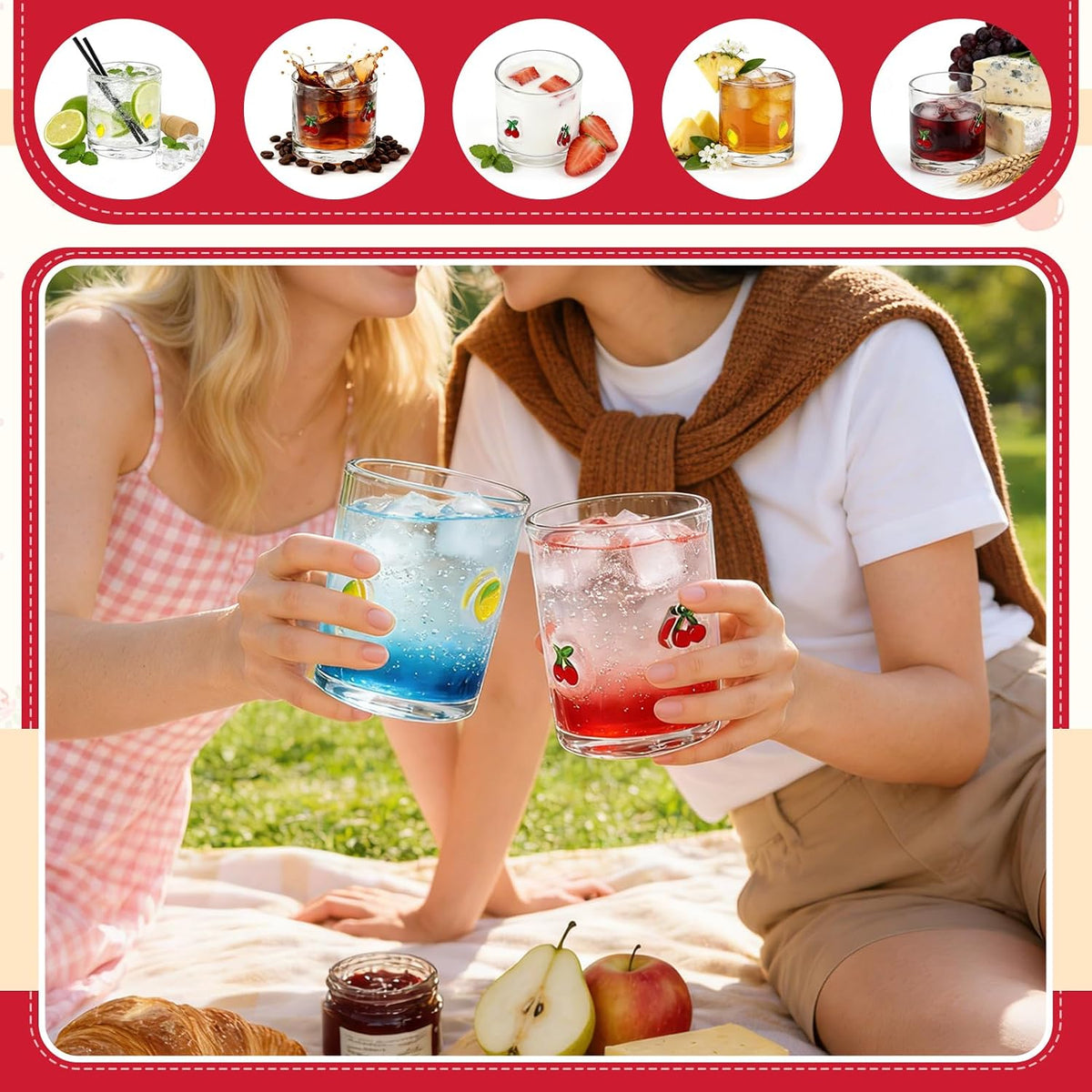 2 Pcs Cherry & Lemons Icon Juice Glass, 14oz Reusable Stemless Wine Cups