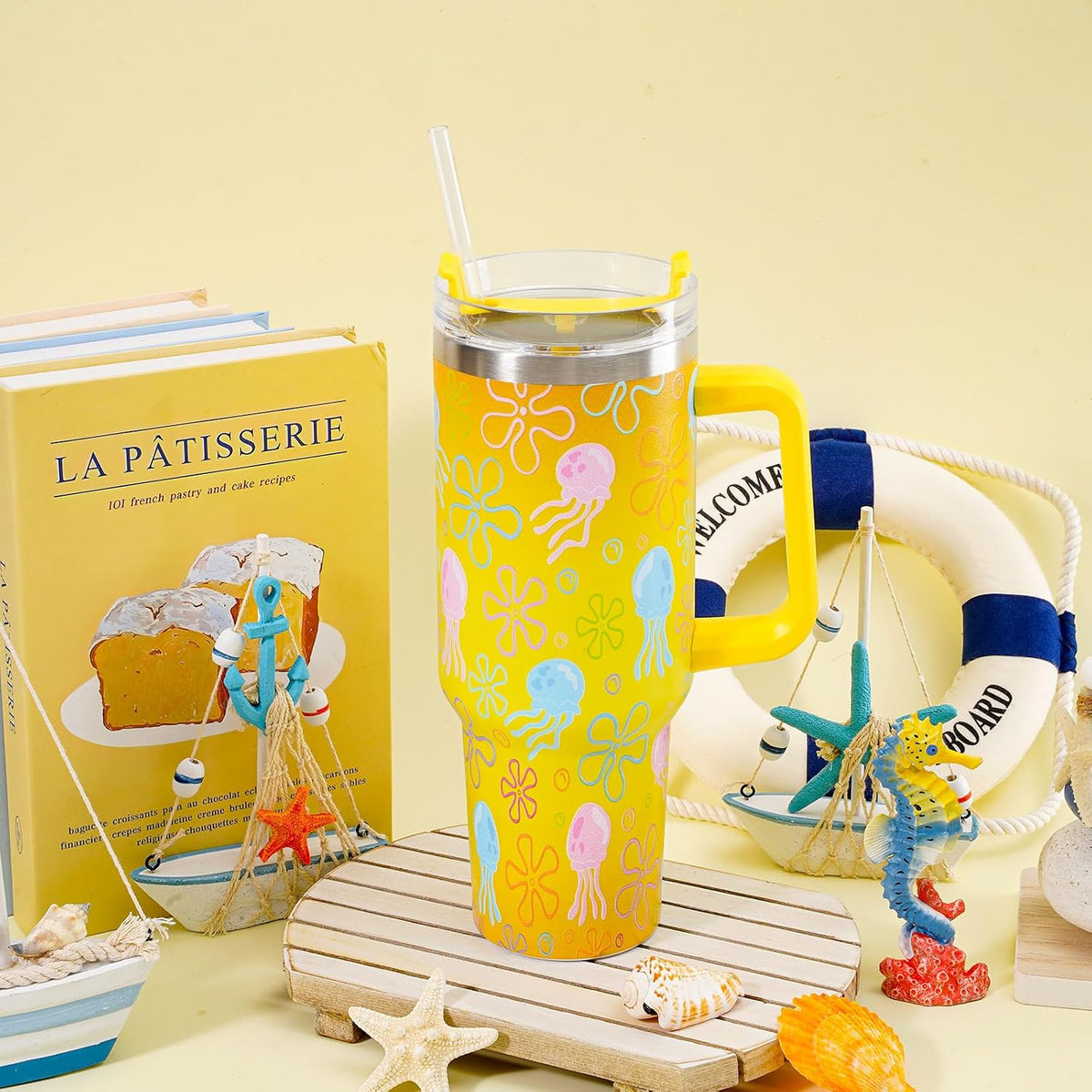Whaline 40 Oz Cartoon Sponge Tumbler with Handle Straw and Lid Ocean Themed Travel Tumbler Flower Bubble Jellyfish Coffee Cup for Friend Summer Holiday Birthday Party Favors