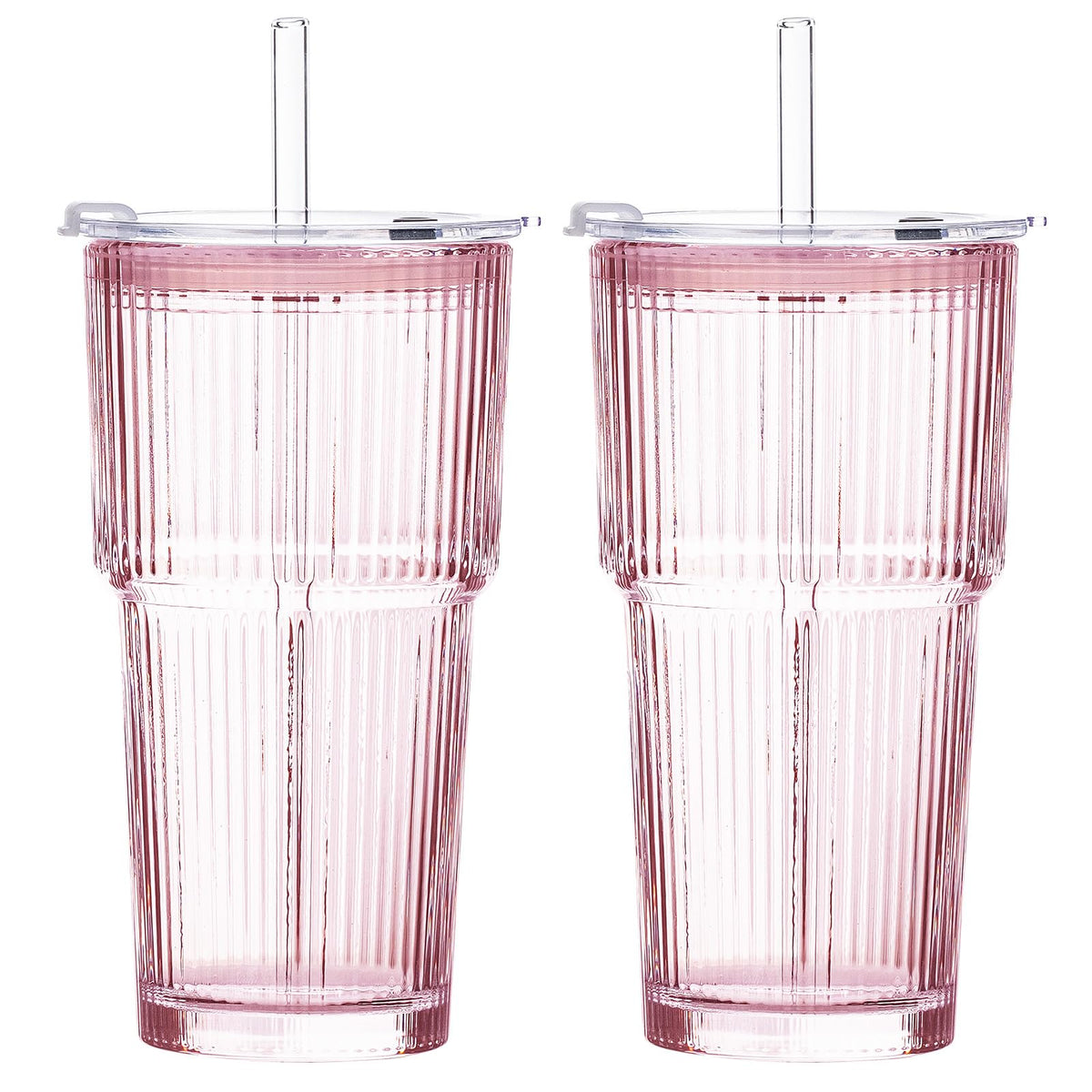 20oz Iced Coffee Cups with Lids, Ribbed Glass Cups with Lids and Straws