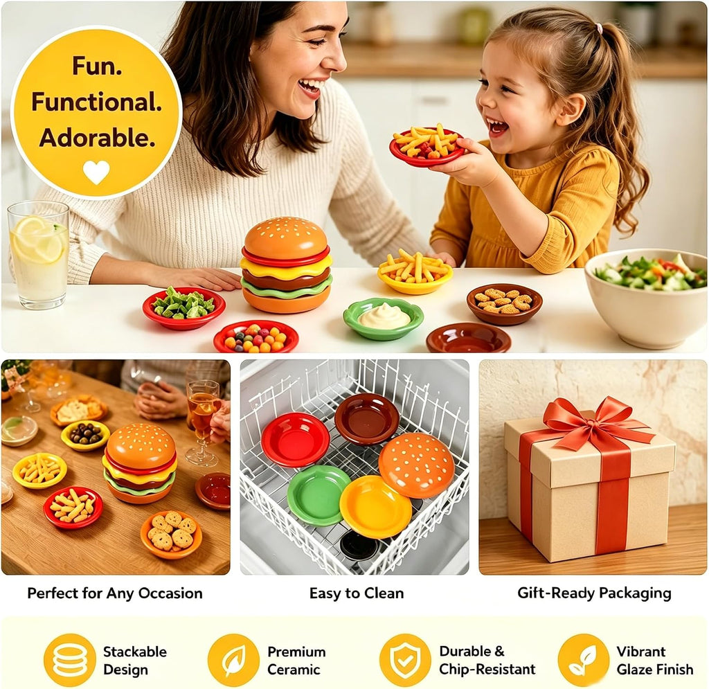 6-Piece Stackable Burger Plate Set, Novelty Ceramic Hamburger Plates Set, Cute Burger-Shaped Tableware, Durable Stackable Dipping Bowls for Snack Dessert Sushi Condiment Party BBQ Home Decor