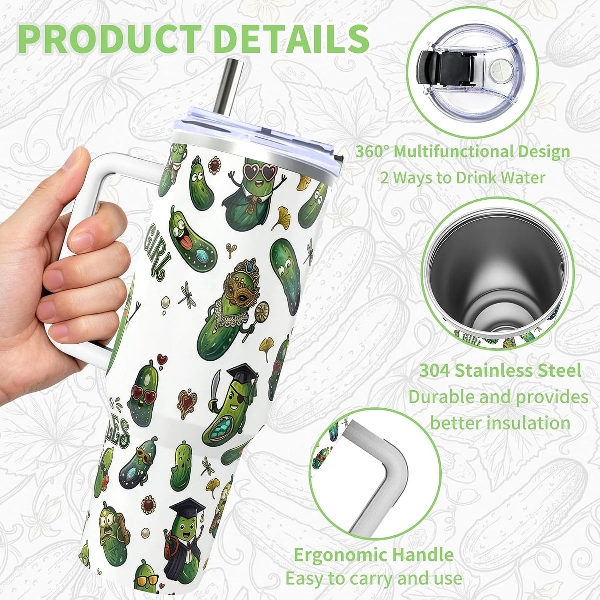 Pickle Gifts, 40 Oz Insulated Stainless Steel Tumbler with Handle & Straw