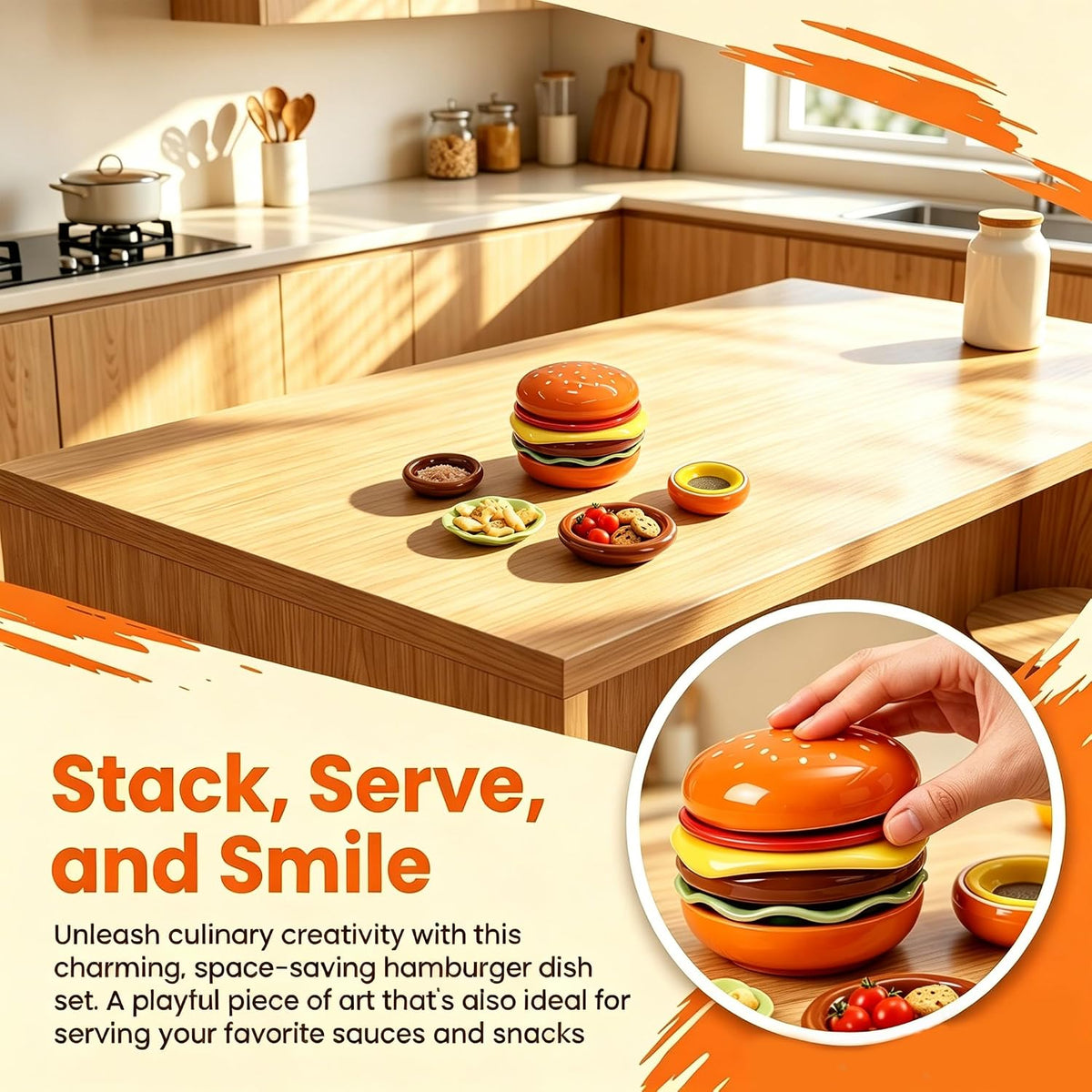 6-Piece Stackable Burger Plate Set, Novelty Ceramic Hamburger Plates Set, Cute Burger-Shaped Tableware, Durable Stackable Dipping Bowls for Snack Dessert Sushi Condiment Party BBQ Home Decor