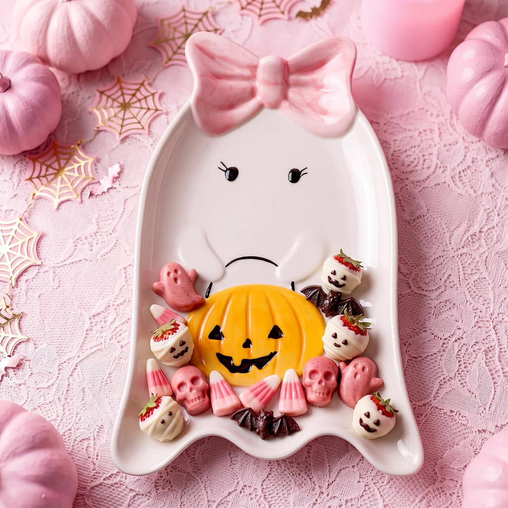 Potchen Pink Halloween Ghost Ceramic Plate, Coquette Bow Candy Serving Dish