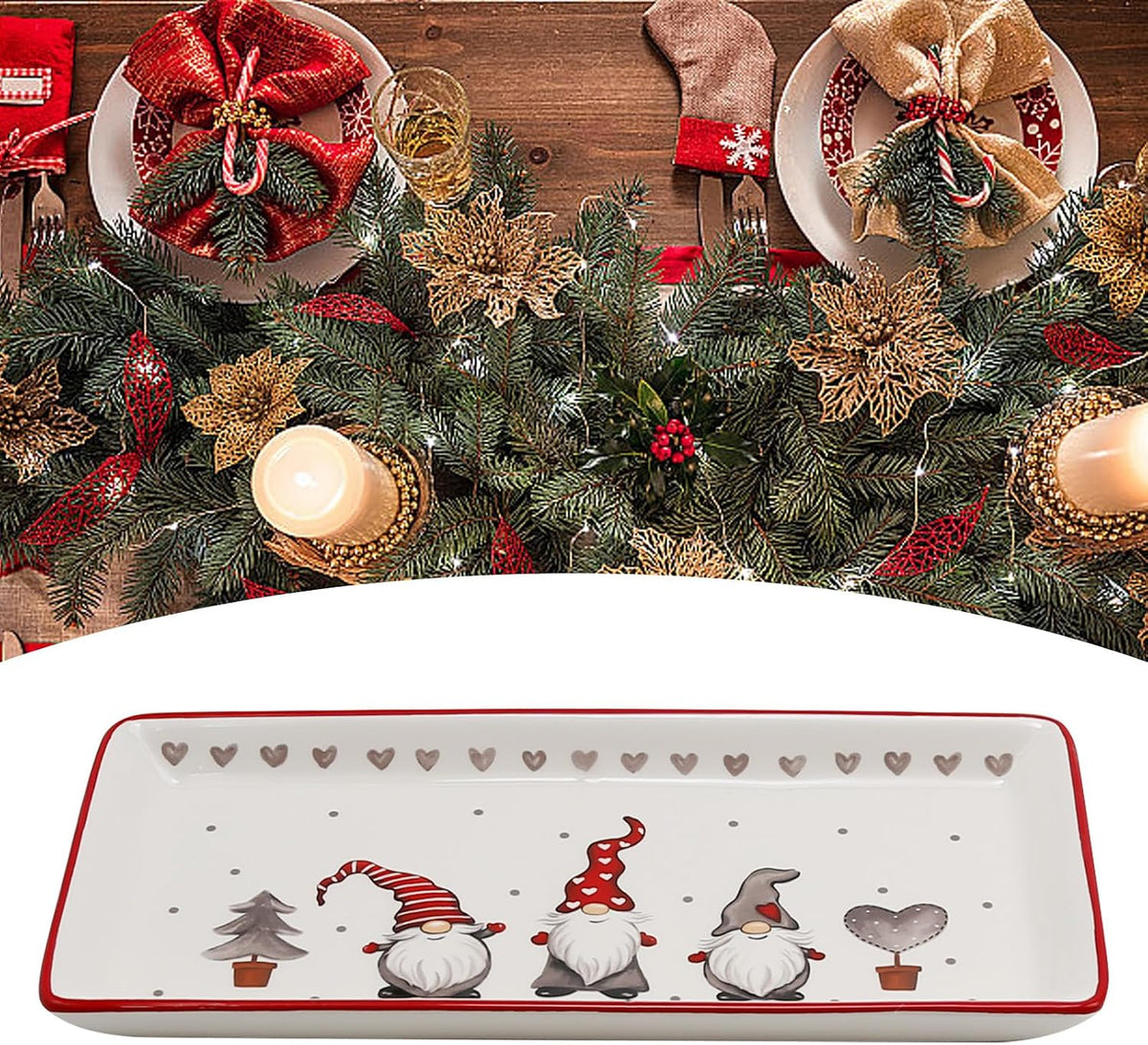 Hoypeyfiy Christmas Rectangular Serving Platter - Cartoon Gnomes Design for Salad, Cheese, Appetizers, Snacks & Fruit, Porcelain Dishwasher Safe Dinner Plate