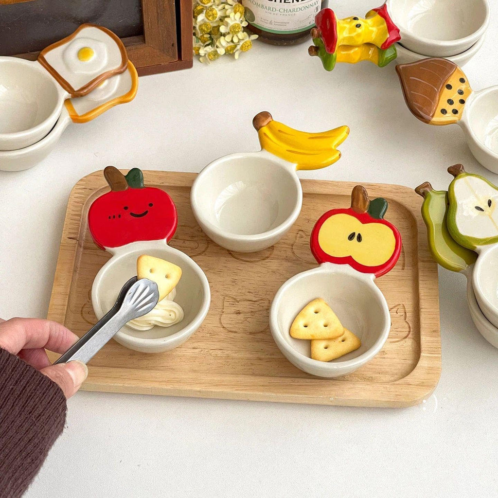 Cartoon Ceramic Dipping Sauce Plate Set, Hand-Painted Small Dish with Handle for Condiments, Soy Sauce, Salad, Chili Oil, Cute Serving Bowl for Sushi, Hot Pot, Dessert, Kitchen Gift (Style 1)