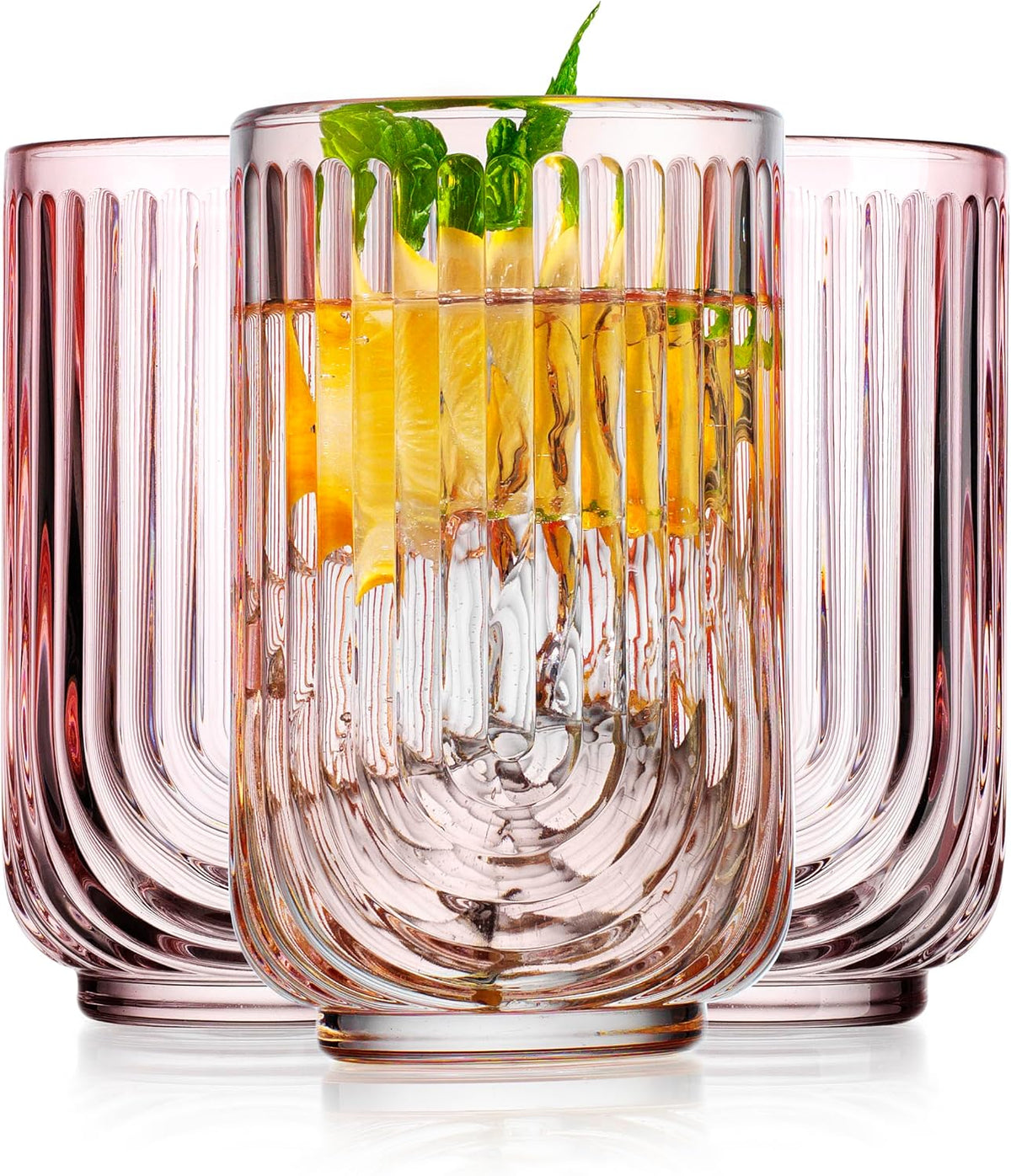 Glaver's Vintage Glassware Art Deco Glasses Ribbed Drinking Glasses U-Shape Arch Design Colored Cocktail Kitchen Tumblers Everyday Dinner Decorative Party Hand-Wash Only (Pink S/4 17oz)