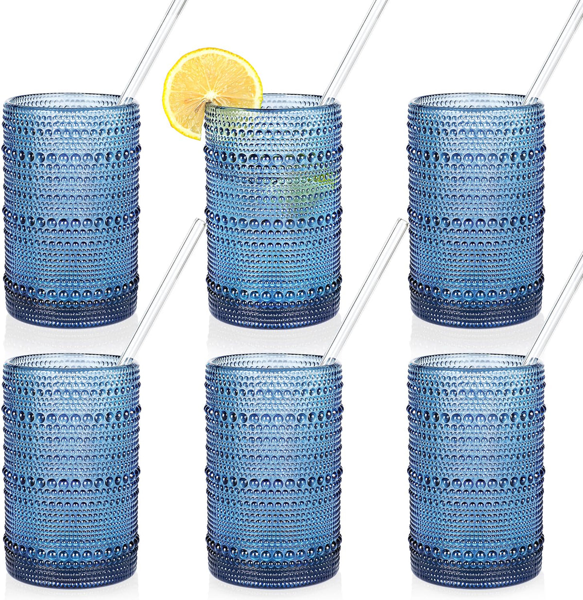 KMIGRUAN Hobnail Drinking Glasses with Straws 15oz Vintage Glassware Set of 6 Embossed Vintage Water Cups, Highball Glasses for Cocktail,Whiskey,Beer and Juic