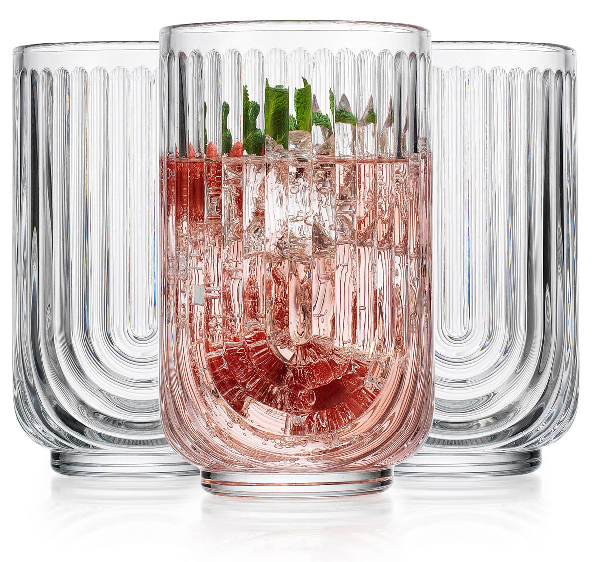 Glaver's Vintage Glassware Art Deco Glasses Ribbed Drinking Glasses U-Shape Arch Design Colored Cocktail Kitchen Tumblers Everyday Dinner Decorative Party Hand-Wash Only (Pink S/4 17oz)
