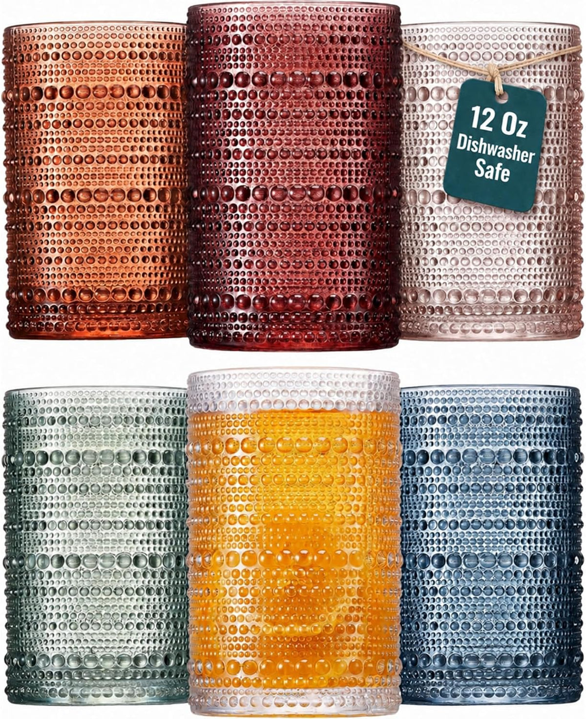 Colored Hobnail Drinking Glasses Set of 6, 12oz Vintage Kitchen Glassware, Embossed Beaded Glass Cups, Water Glasses, Colorful Water Tumbler for Cocktail, Juice, Various Mixed Drink (Dishwasher Safe)