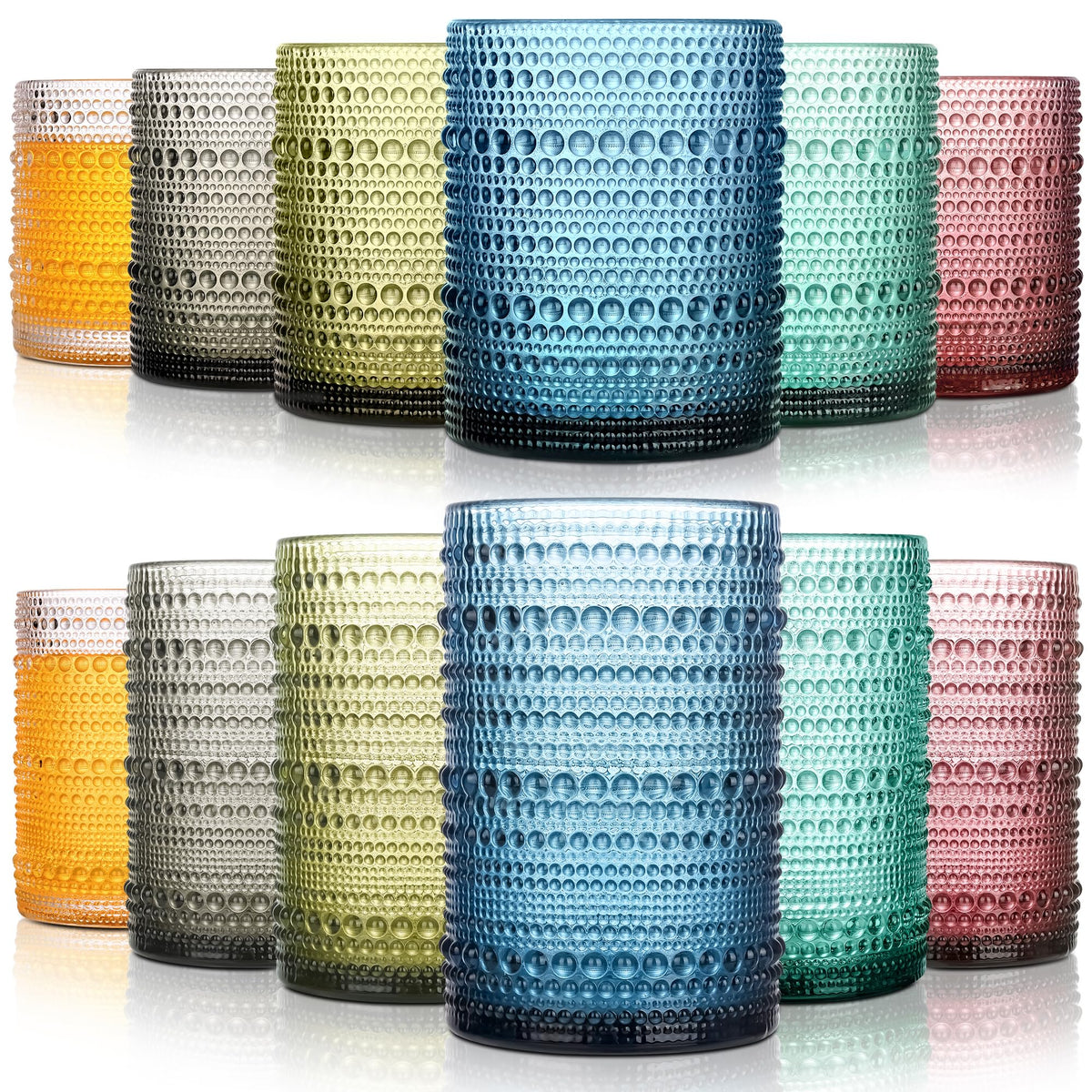 KMIGRUAN Hobnail Drinking Glasses with Straws 15oz Vintage Glassware Set of 6 Embossed Vintage Water Cups, Highball Glasses for Cocktail,Whiskey,Beer and Juic