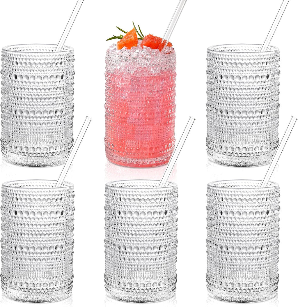 KMIGRUAN Hobnail Drinking Glasses with Straws 15oz Vintage Glassware Set of 6 Embossed Vintage Water Cups, Highball Glasses for Cocktail,Whiskey,Beer and Juic