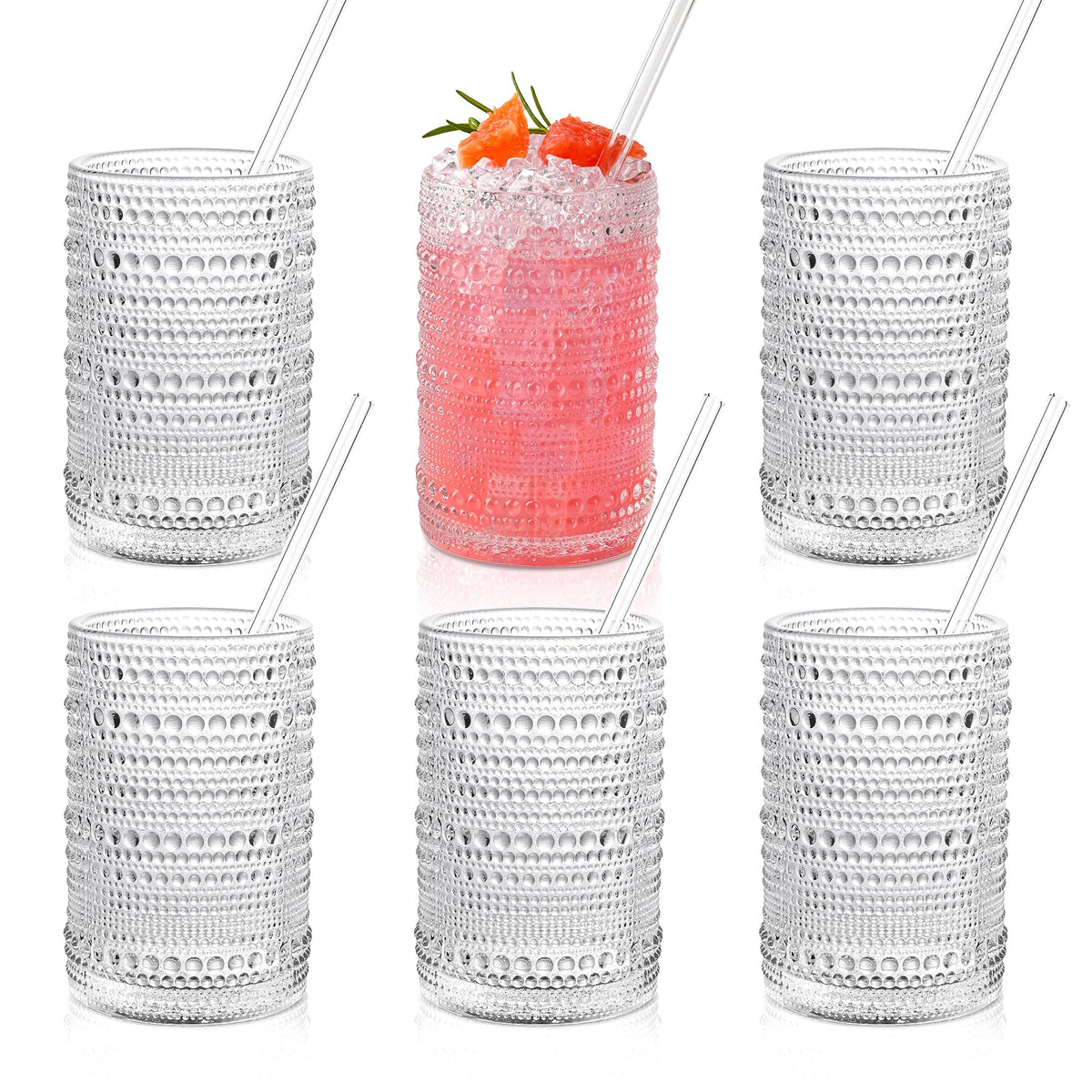 KMIGRUAN Hobnail Drinking Glasses with Straws 15oz Vintage Glassware Set of 6 Embossed Vintage Water Cups, Highball Glasses for Cocktail,Whiskey,Beer and Juic