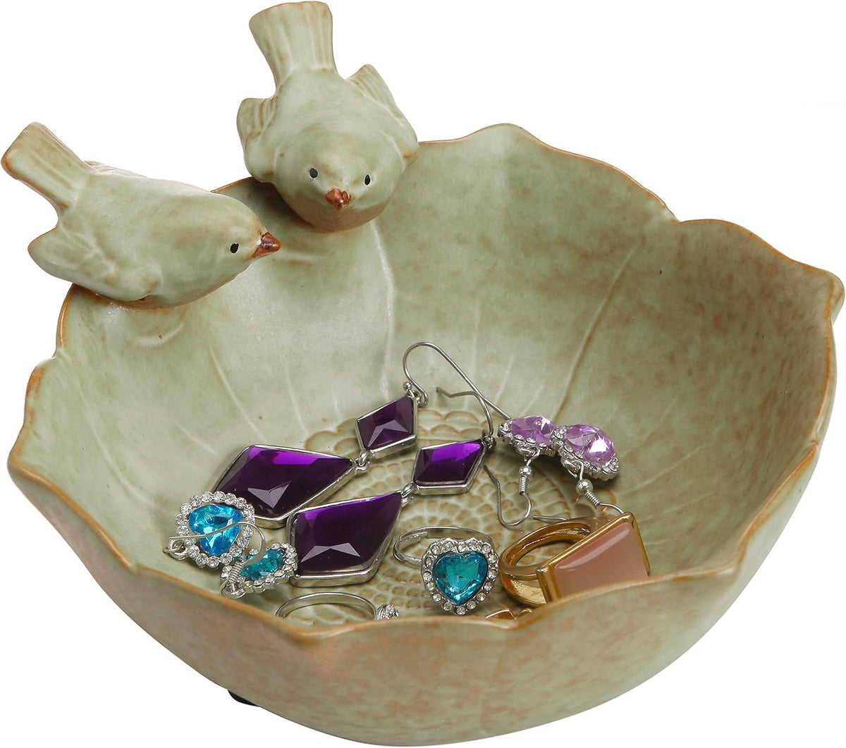 MyGift Green Ceramic 2 Bird Decorative Serving Bowl, Jewelry & Candy Tray