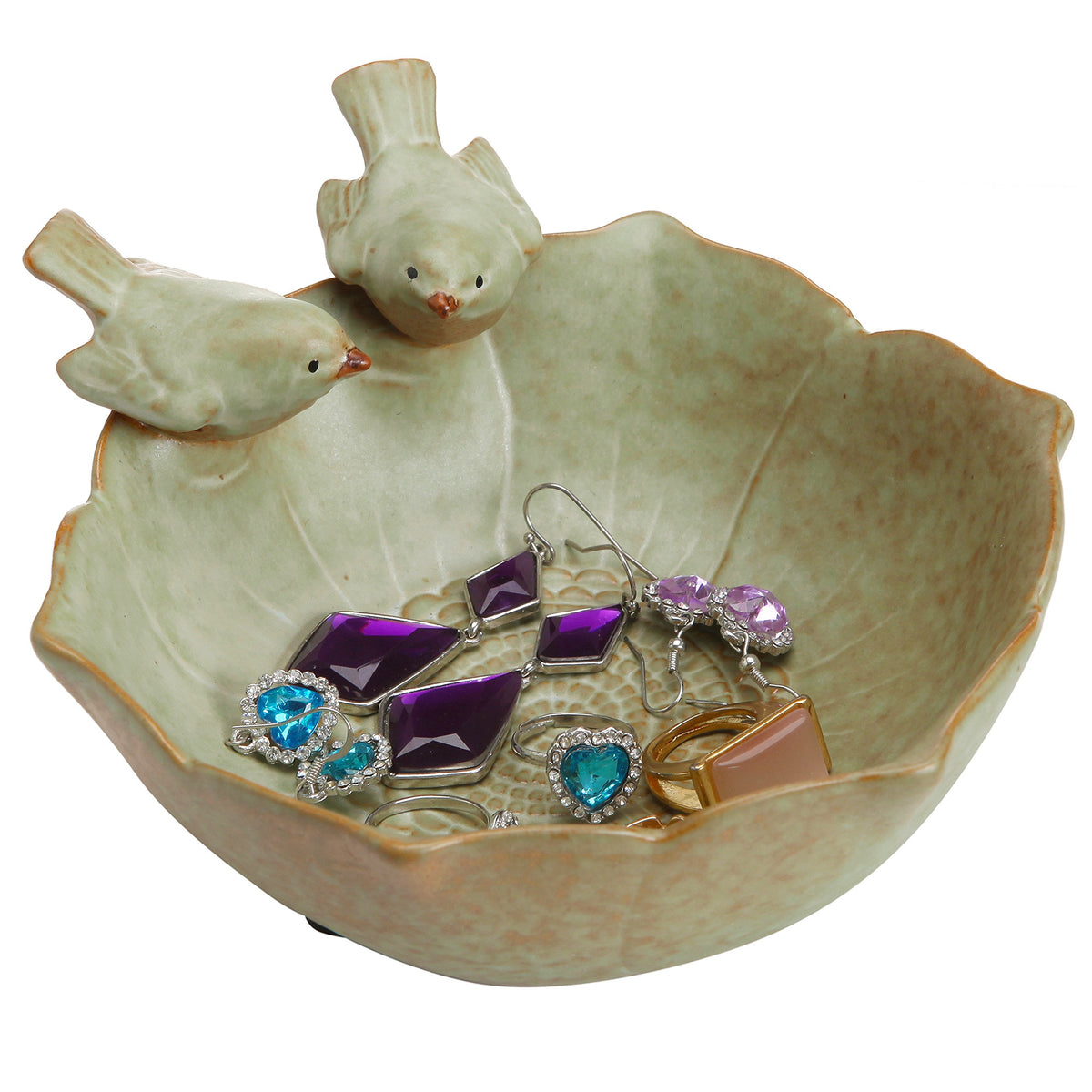 MyGift Green Ceramic 2 Bird Decorative Serving Bowl, Jewelry & Candy Tray