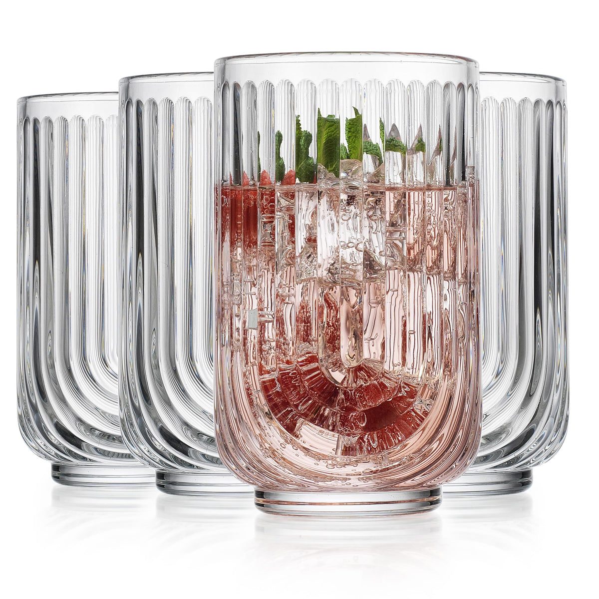 Glaver's Vintage Glassware Art Deco Glasses Ribbed Drinking Glasses U-Shape Arch Design Colored Cocktail Kitchen Tumblers Everyday Dinner Decorative Party Hand-Wash Only (Pink S/4 17oz)