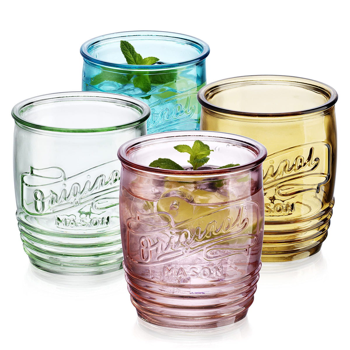 Glaver's Set Of 4 Original Mason Collins Glasses Assorted Colored Drinking Glasses For Juice, Cocktails, Beverage Glass Cups, Hand Wash-In Cold Water (Original Mason Colored 20 OZ)