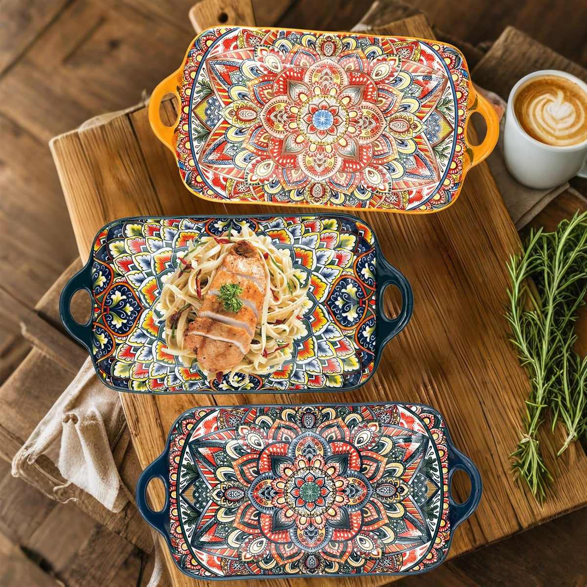 Boho Ceramic Serving Platters with Handles Set of 4, 12Inch Large Serving Dishes for Entertaining, Colorful Cute Porcelain Serving Plates for Sandwich, Appetizer, Fruit, Microwave Oven Safe Mix-color