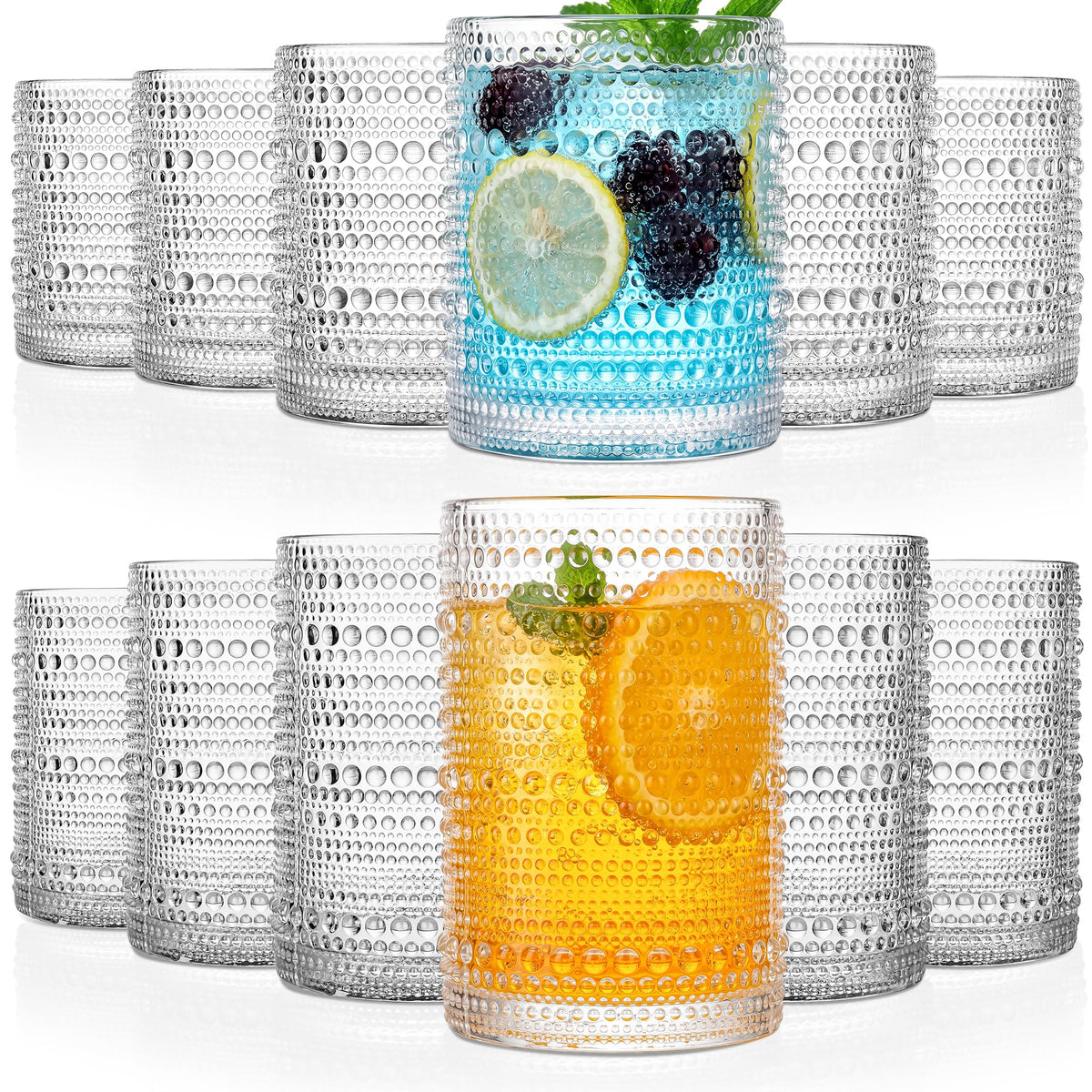 KMIGRUAN Hobnail Drinking Glasses with Straws 15oz Vintage Glassware Set of 6 Embossed Vintage Water Cups, Highball Glasses for Cocktail,Whiskey,Beer and Juic