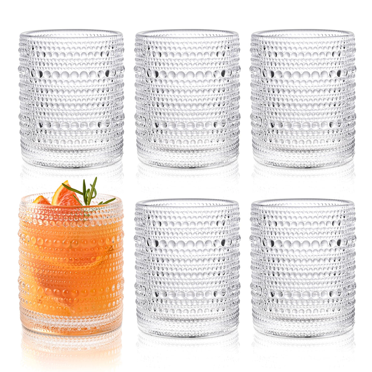 KMIGRUAN Hobnail Drinking Glasses with Straws 15oz Vintage Glassware Set of 6 Embossed Vintage Water Cups, Highball Glasses for Cocktail,Whiskey,Beer and Juic