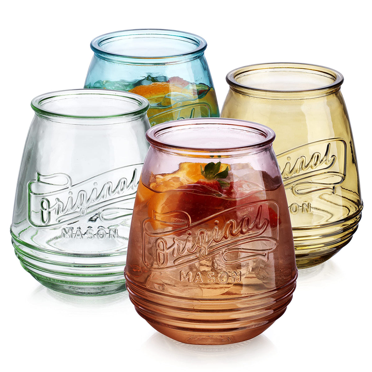 Glaver's Set Of 4 Original Mason Collins Glasses Assorted Colored Drinking Glasses For Juice, Cocktails, Beverage Glass Cups, Hand Wash-In Cold Water (Original Mason Colored 20 OZ)