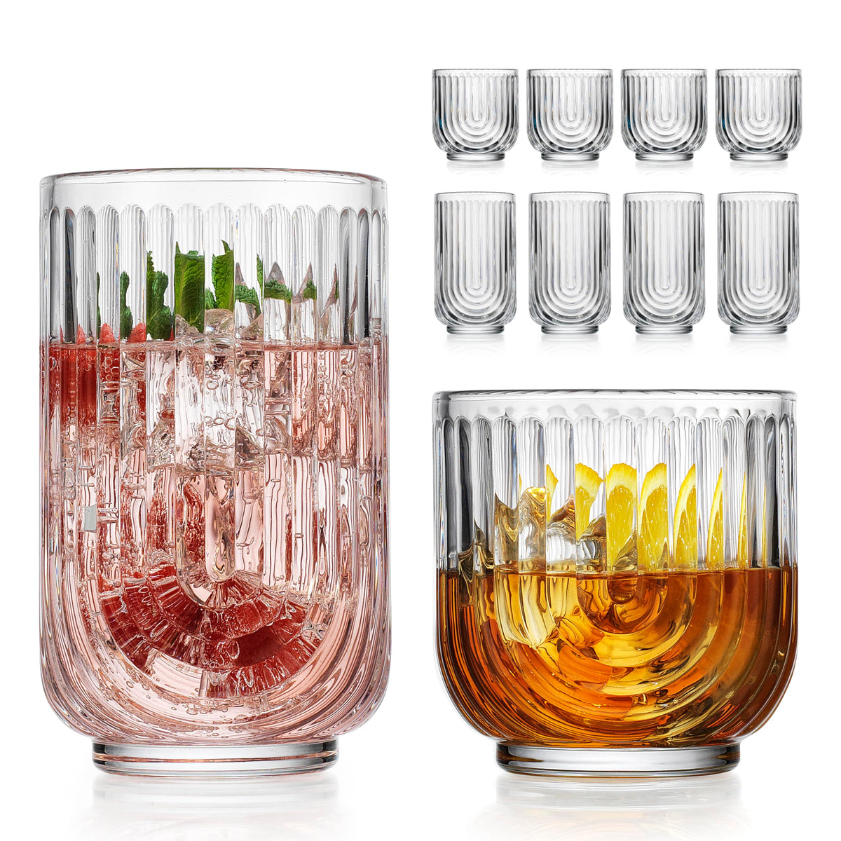 Glaver's Vintage Glassware Art Deco Glasses Ribbed Drinking Glasses U-Shape Arch Design Colored Cocktail Kitchen Tumblers Everyday Dinner Decorative Party Hand-Wash Only (Pink S/4 17oz)
