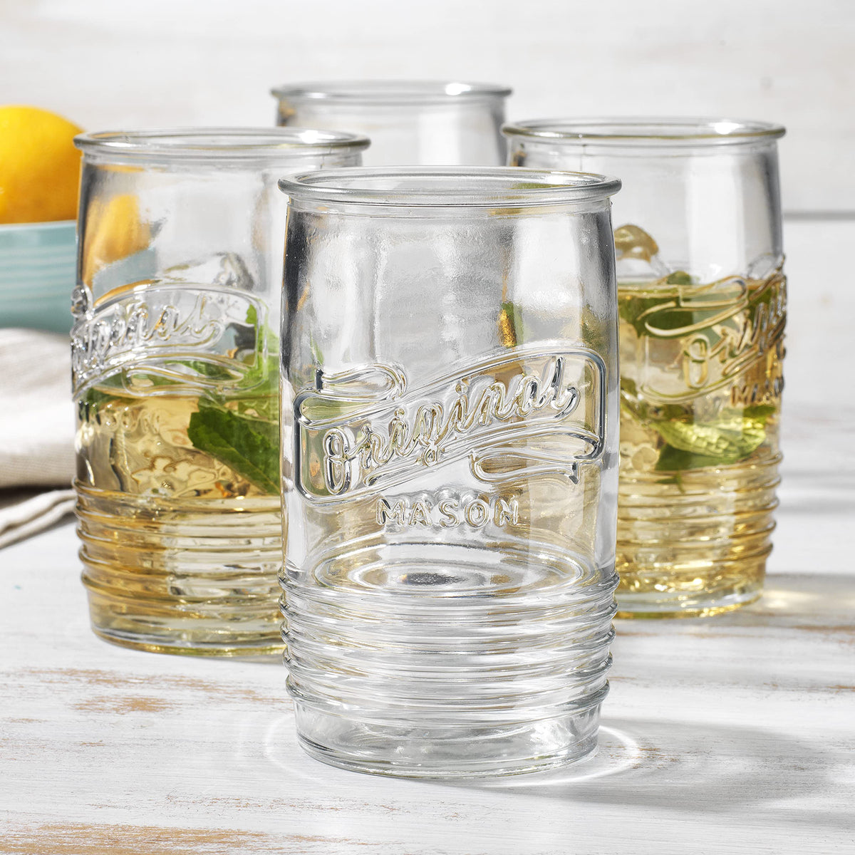 Glaver's Set Of 4 Original Mason Collins Glasses Assorted Colored Drinking Glasses For Juice, Cocktails, Beverage Glass Cups, Hand Wash-In Cold Water (Original Mason Colored 20 OZ)