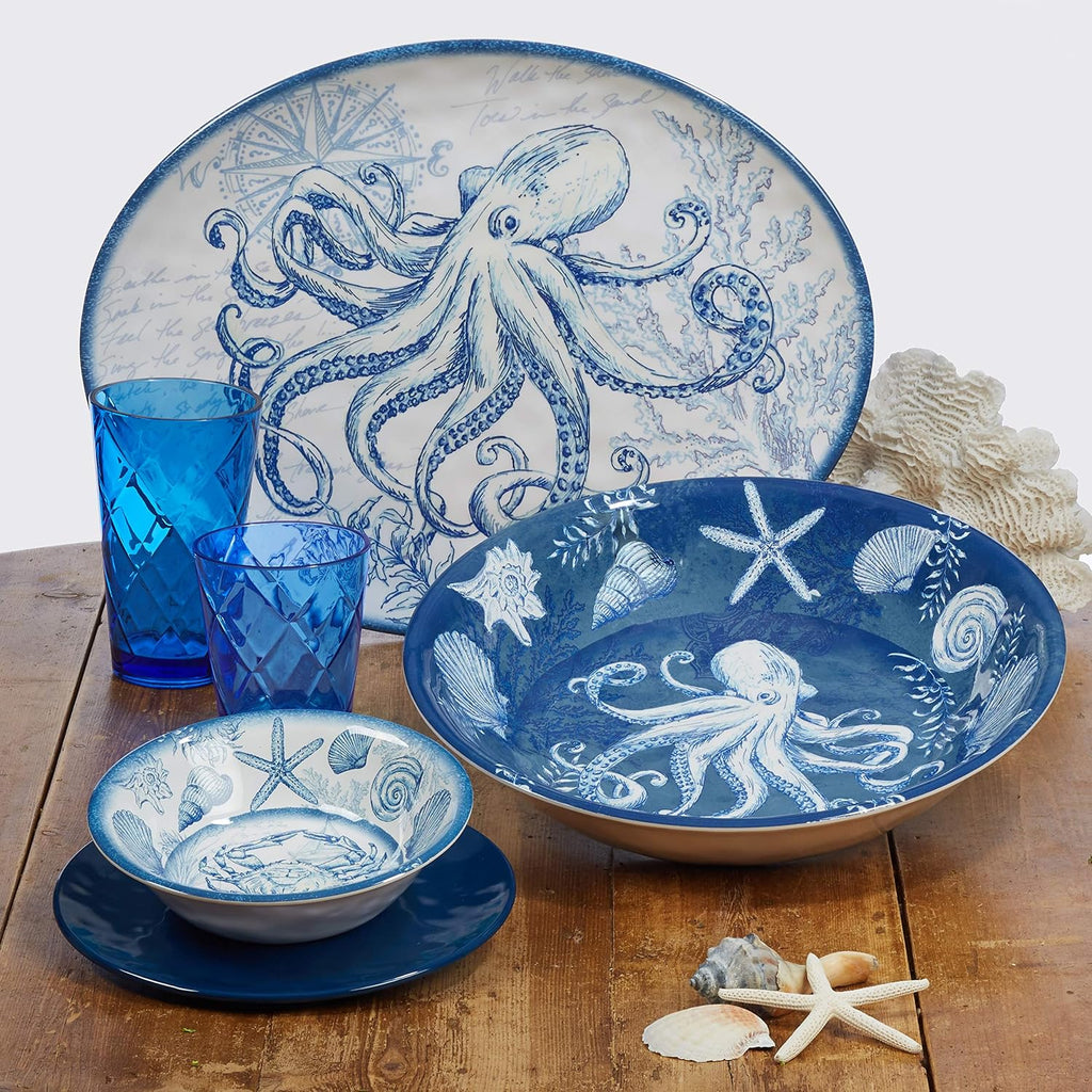 Oceanic 3-Piece Melamine Hostess Set – Includes Chip & Dip Server, 3-Section Relish Tray, and Rectangular Fish Platter – BPA-Free, Break-Resistant, Dishwasher Safe – Perfect for Indoors or Out