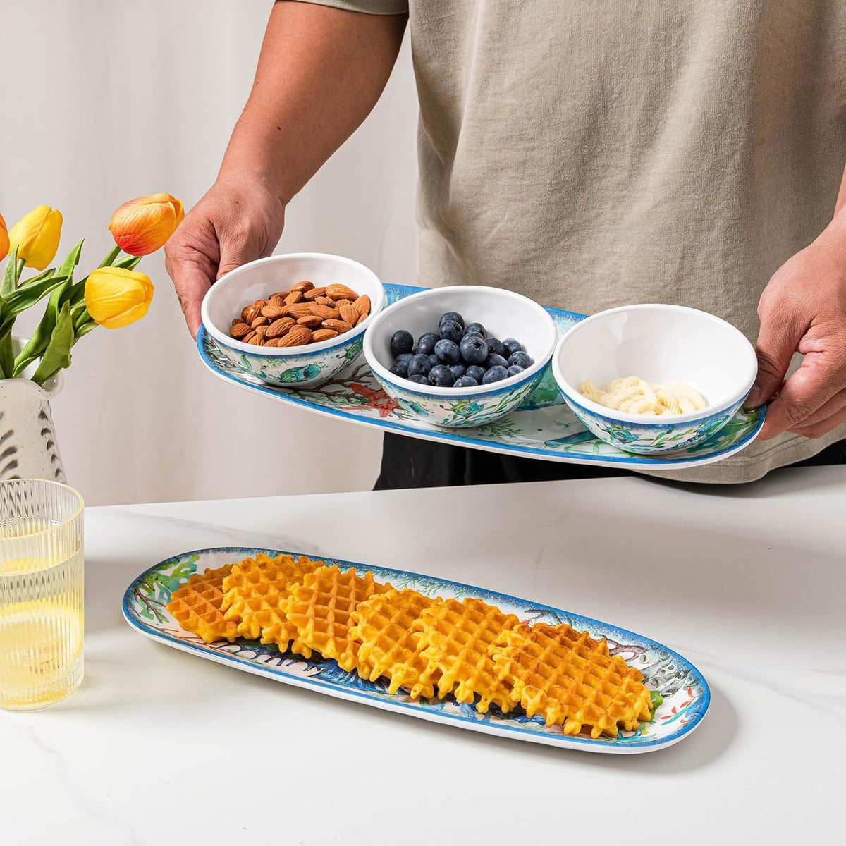 LEHAHA Coastal Chip and Dip Serving platter Set, Set of 3, Melamine Bowl and Tray Gift Set,Serving Dishes for Entertaining, Small Serving Bowls for Side Dishes, Salsa, Appetizers, Condiments.