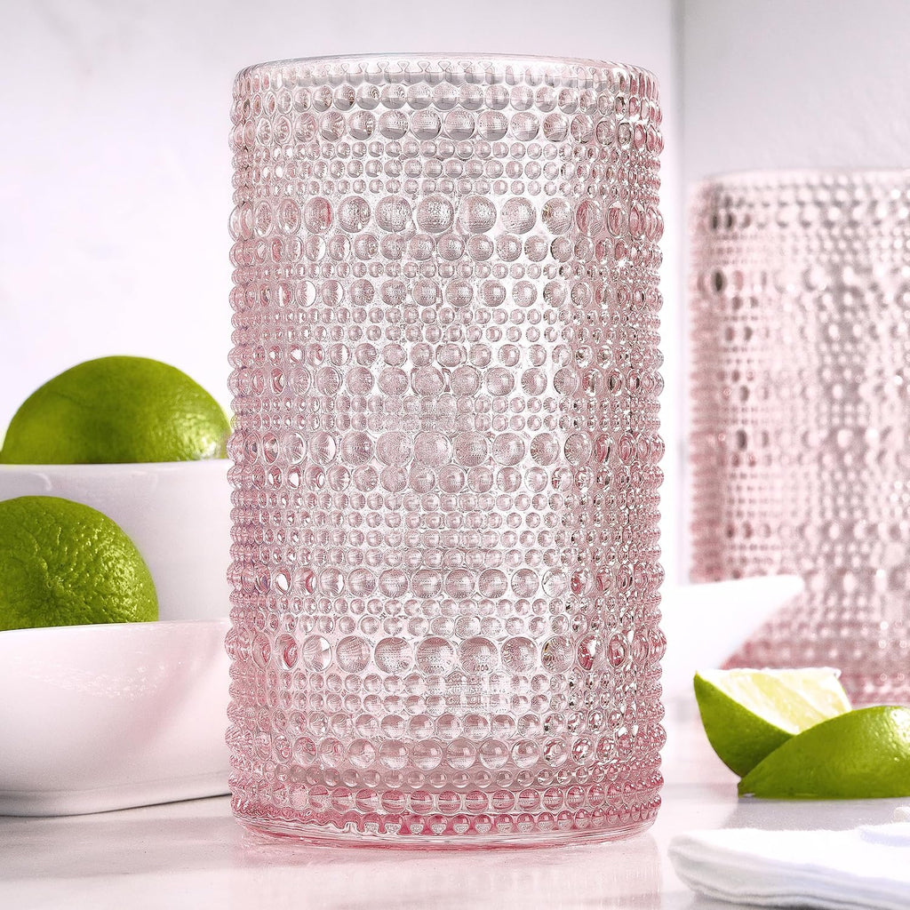 Glaver's Hobnail Drinking Glasses, Pink Vintage Glassware Set, Beaded Drinking Glasses, Set Of 4 15 oz Cocktail Glass Set, Bubble Glasses, For Everyday Usage