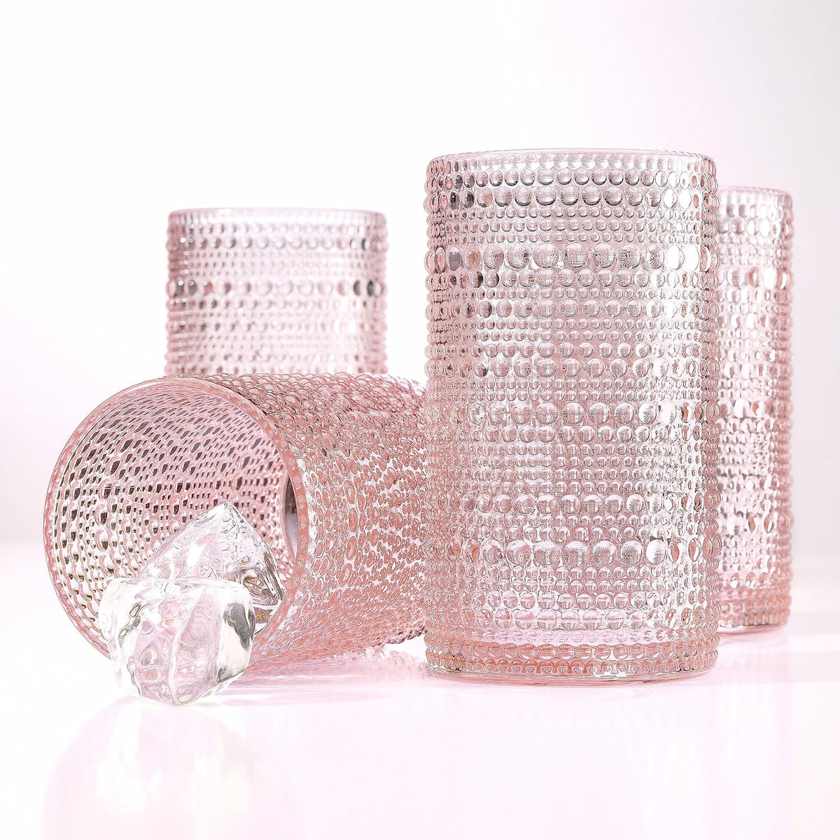 Glaver's Hobnail Drinking Glasses, Pink Vintage Glassware Set, Beaded Drinking Glasses, Set Of 4 15 oz Cocktail Glass Set, Bubble Glasses, For Everyday Usage