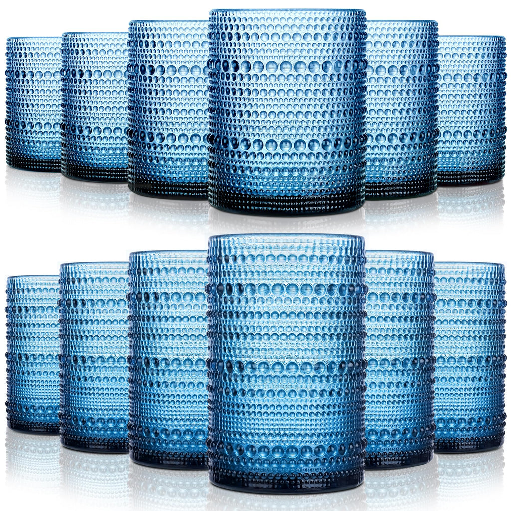 KMIGRUAN Hobnail Drinking Glasses with Straws 15oz Vintage Glassware Set of 6 Embossed Vintage Water Cups, Highball Glasses for Cocktail,Whiskey,Beer and Juic